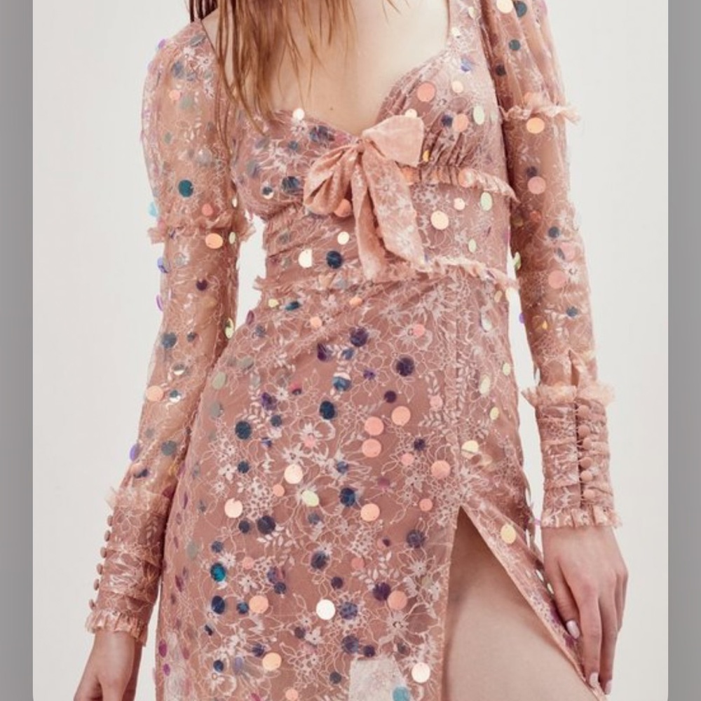 For Love & Lemons Ace Sequin Lace Nude Long Sleeve Slit Maxi Dress Gown - Picture 1 of 11